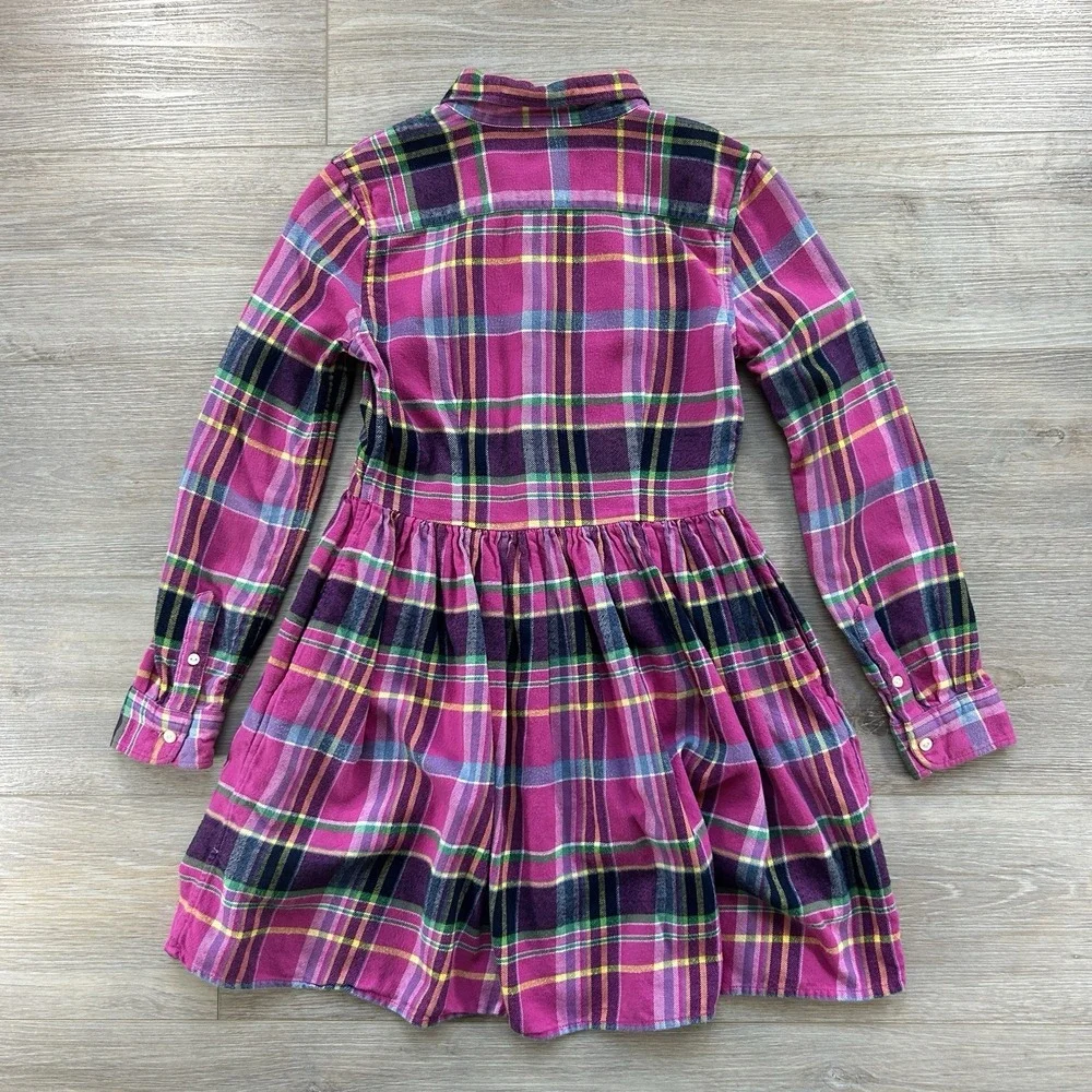 Polo Ralph Lauren Girls 12 Pink Plaid‎ Flannel Shirt Dress Long Sleeves Pockets